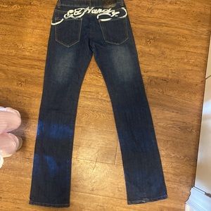 Ed Hardy By Christian Audigier Vintage Rose Skull Denim Blue Jeans